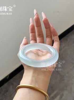 本命年高冰油青石英岩手镯水沫玉翡翠色扁条淡绿色天青冻冰种正圈