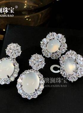 本命年012925银针镶嵌绿玉髓圆形简约小耳钉白玛瑙女款小灯泡玉石