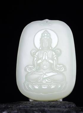 本命年新疆和田玉观音牌子精雕亮哑光白玉坐莲观音吊坠送证礼物