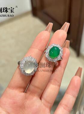本命年豪华款女戒冰透绿玉髓鸽子蛋戒指女款开口可调节绿色玉石指