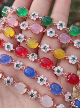 本命年925银镶手链冰种玉髓翡翠玉宝石水晶红色阳绿满色冰透白手