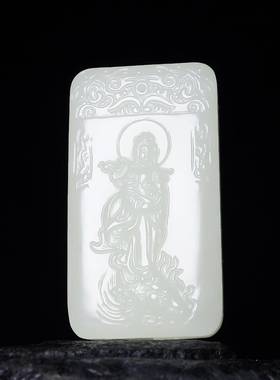 本命年新疆和田玉观音吊坠男款精雕白玉坐莲观音牌子玉挂件送证礼