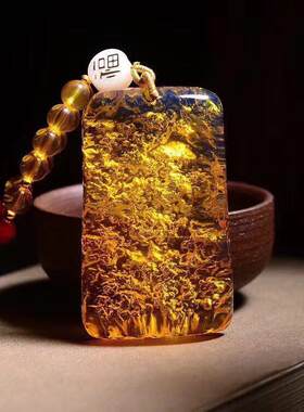本命年缅甸珀山水珀方牌琥珀吊坠带皮蜜蜡项链男女款礼物