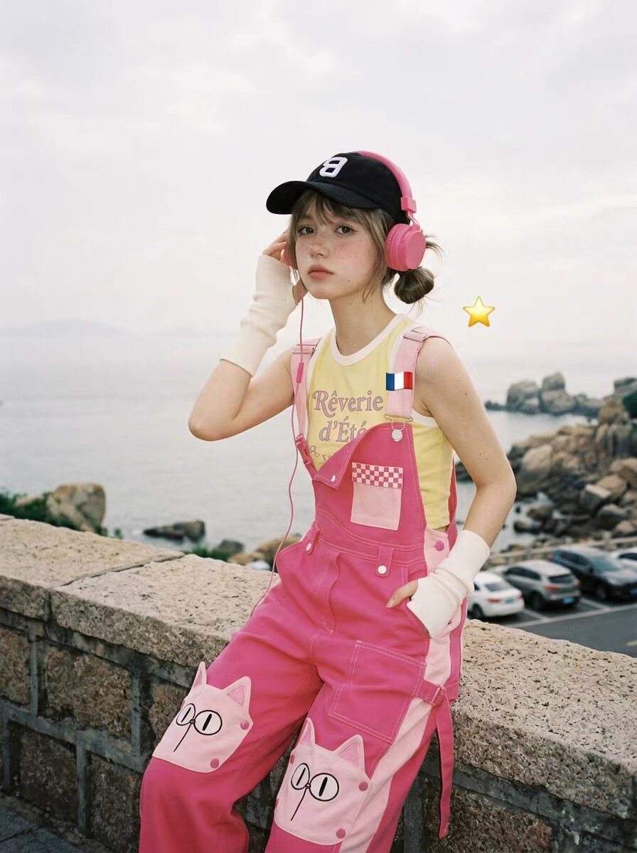 韩国东大门背带裤女2026年夏季新款撞色卡通刺绣童趣百搭连体长裤