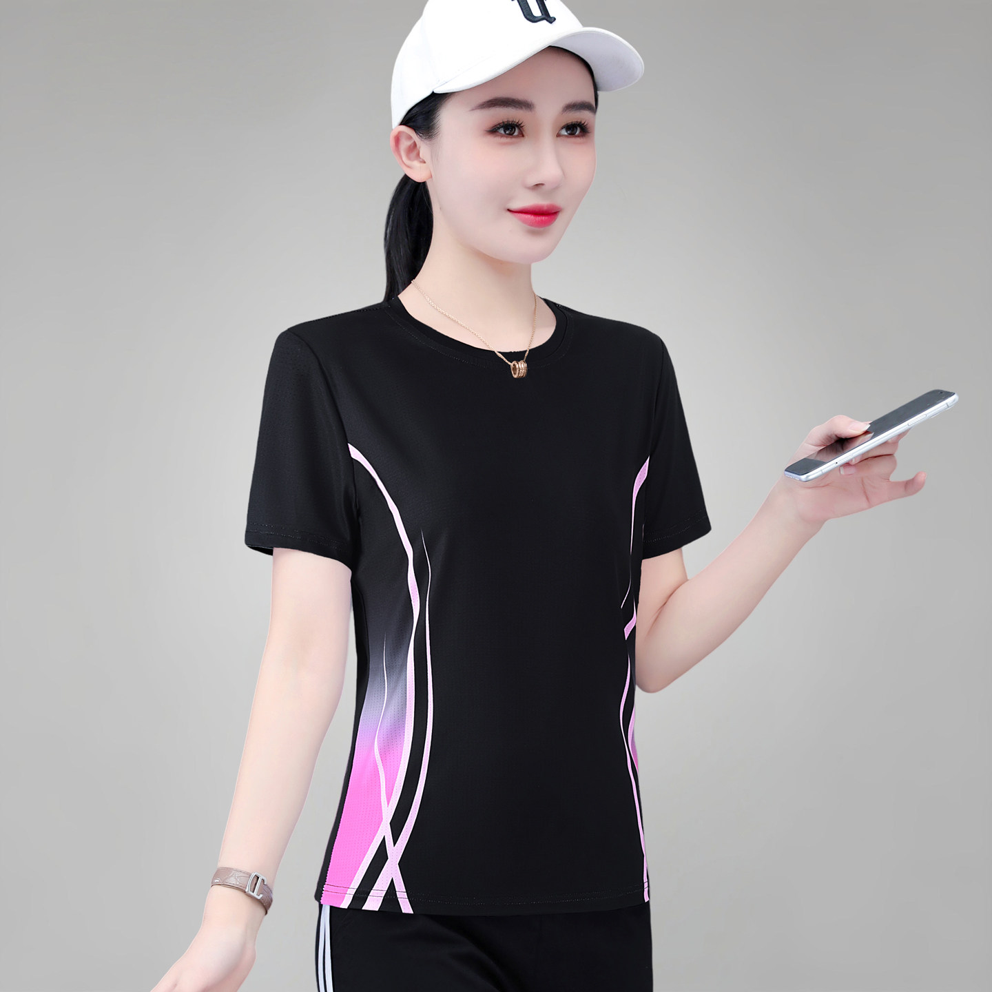 薄款冰丝短袖女t恤2026夏季新款洋气T圆领速干衣妈妈透气运动小衫