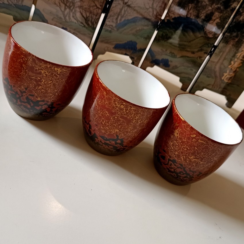 大漆犀皮漆陶瓷杯国漆主人杯羊脂玉瓷胚杯子漆器手工漆画创意茶杯