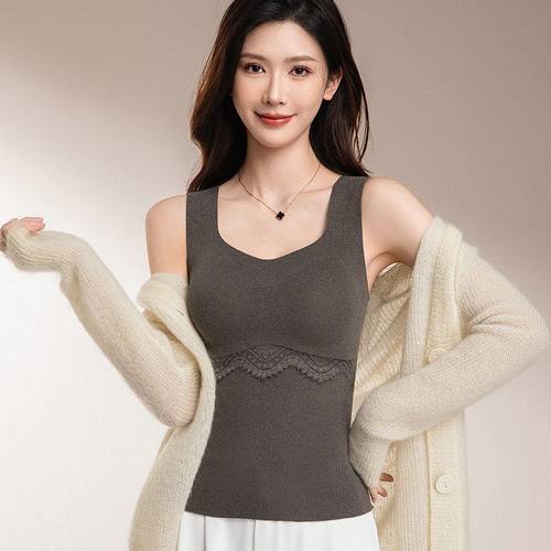 秋冬保暖背心女带胸垫一体无痕羊绒蚕丝加厚大码保暖内衣免穿文胸