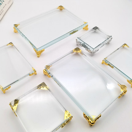 水晶玻璃长方形底座金属脚矿物晶体标本珠宝玉石展示台手办展示盘