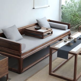 北美黑胡桃木美人榻老榆木新中式 实木罗汉床现代简约小户型古卧榻