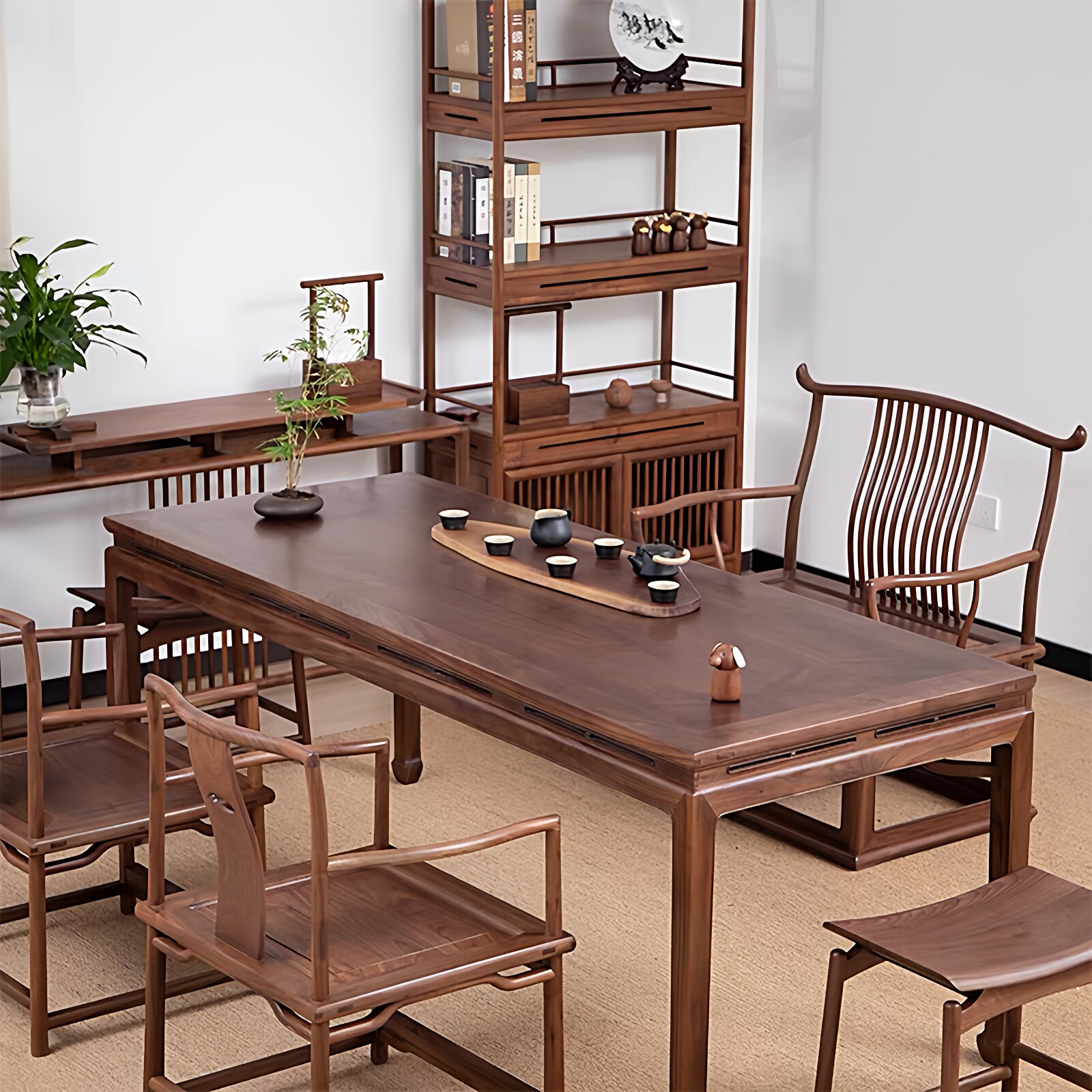 新中式实木茶桌椅组合明式黑胡桃木茶台禅意泡茶桌老榆木茶室家具