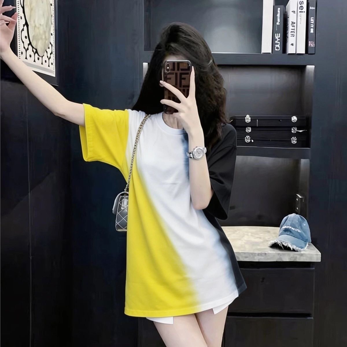 美式复古浅蓝渐变色女短袖T恤夏季宽松潮牌字母印花设计上衣大码