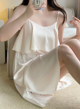 夏季大码吊带睡裙新款冰丝薄甜美蕾丝中长款花边睡衣家居服200斤