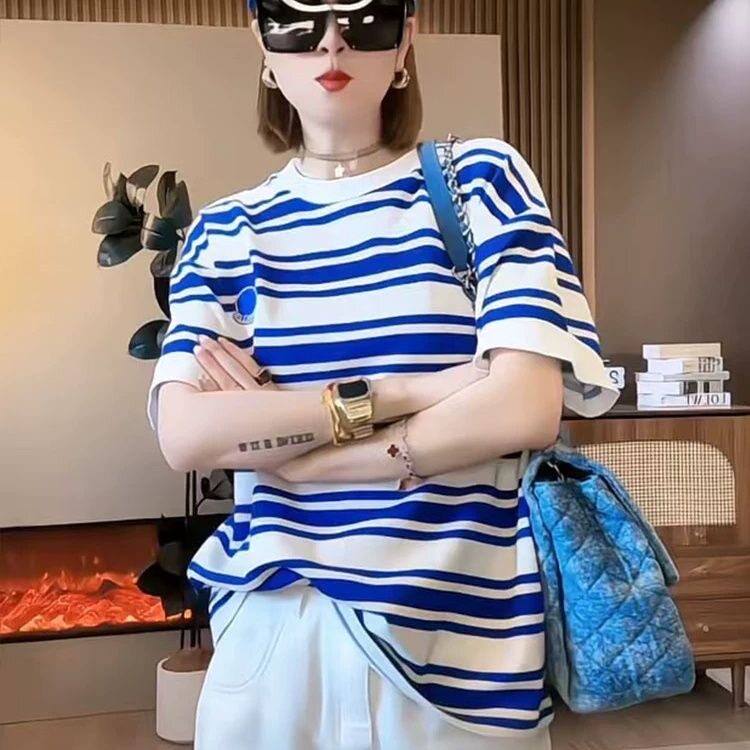 美式复古撞色蓝白条纹短袖t恤女夏新宽松oversize高级感上衣200斤