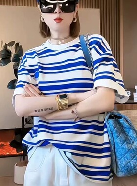 美式复古撞色蓝白条纹短袖t恤女夏新宽松oversize高级感上衣200斤