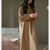 25年秋冬季 300斤简约 连衣睡裙衣加厚德绒带口袋宽松大码 新款 长袖