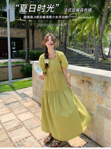 首发现货！果绿法式连衣裙显瘦松弛感绝美奶fufu长裙5068P120K178