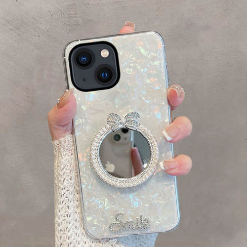 适用苹果15手机壳iph15plus新款女iphone15pro透明贝壳纹i15promax带镜子ip15p高级感max个性创意手链保护套