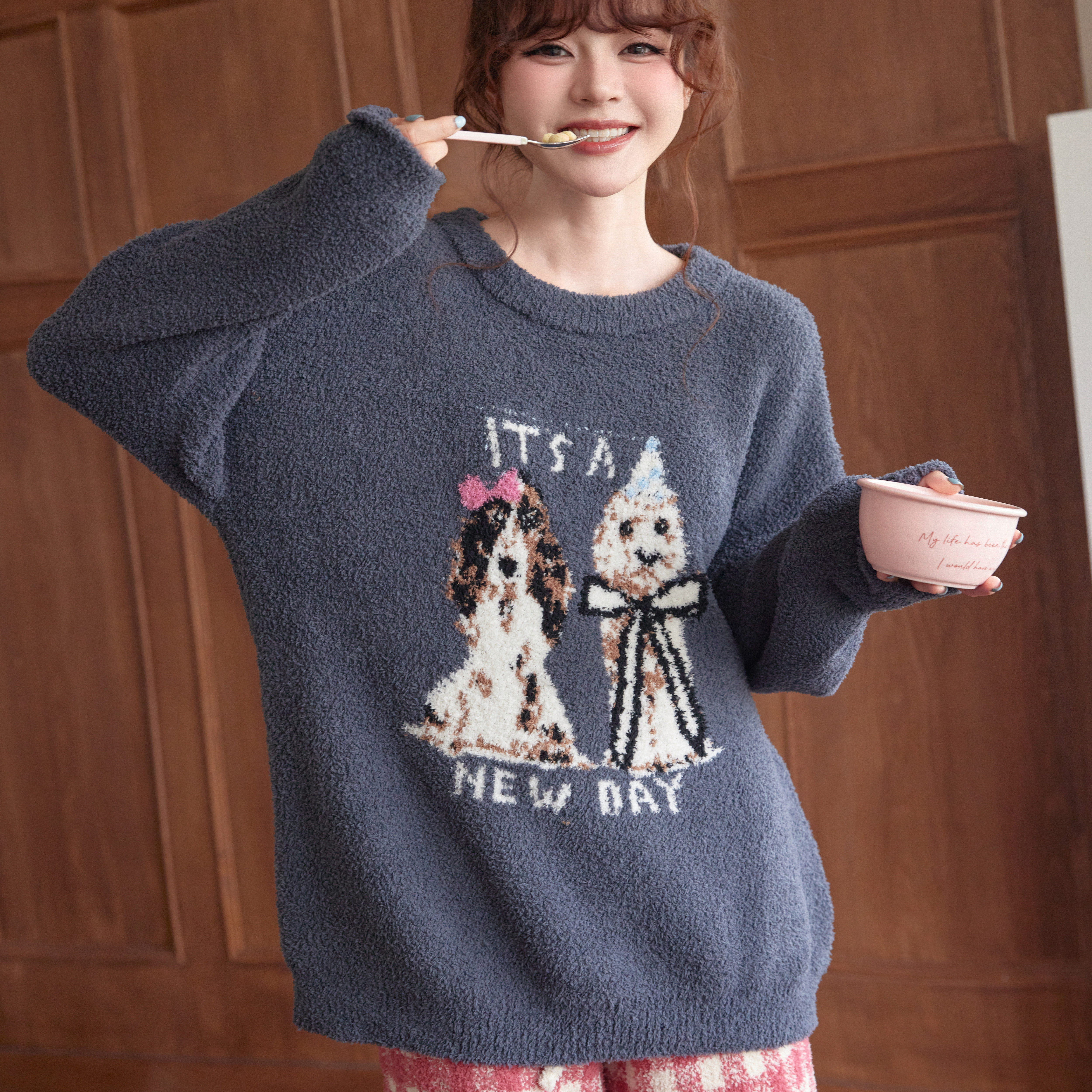 新款半边绒睡衣女秋冬保暖家居服