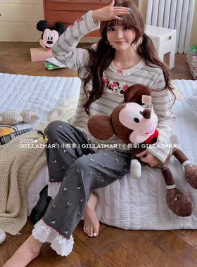 小熊家卡通米妮睡衣女秋冬圆领花边长袖长裤灰色家居服可外穿套装