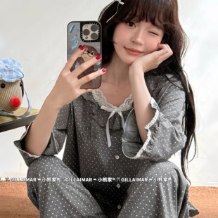 灰色花边薄款 波点家居服套装 纯棉韩版 长裤 长袖 小熊睡衣女春秋新款