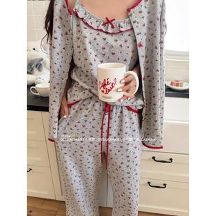 小熊2026春秋新款 家居服带胸垫三件套 碎花睡衣女生甜美蝴蝶结开衫