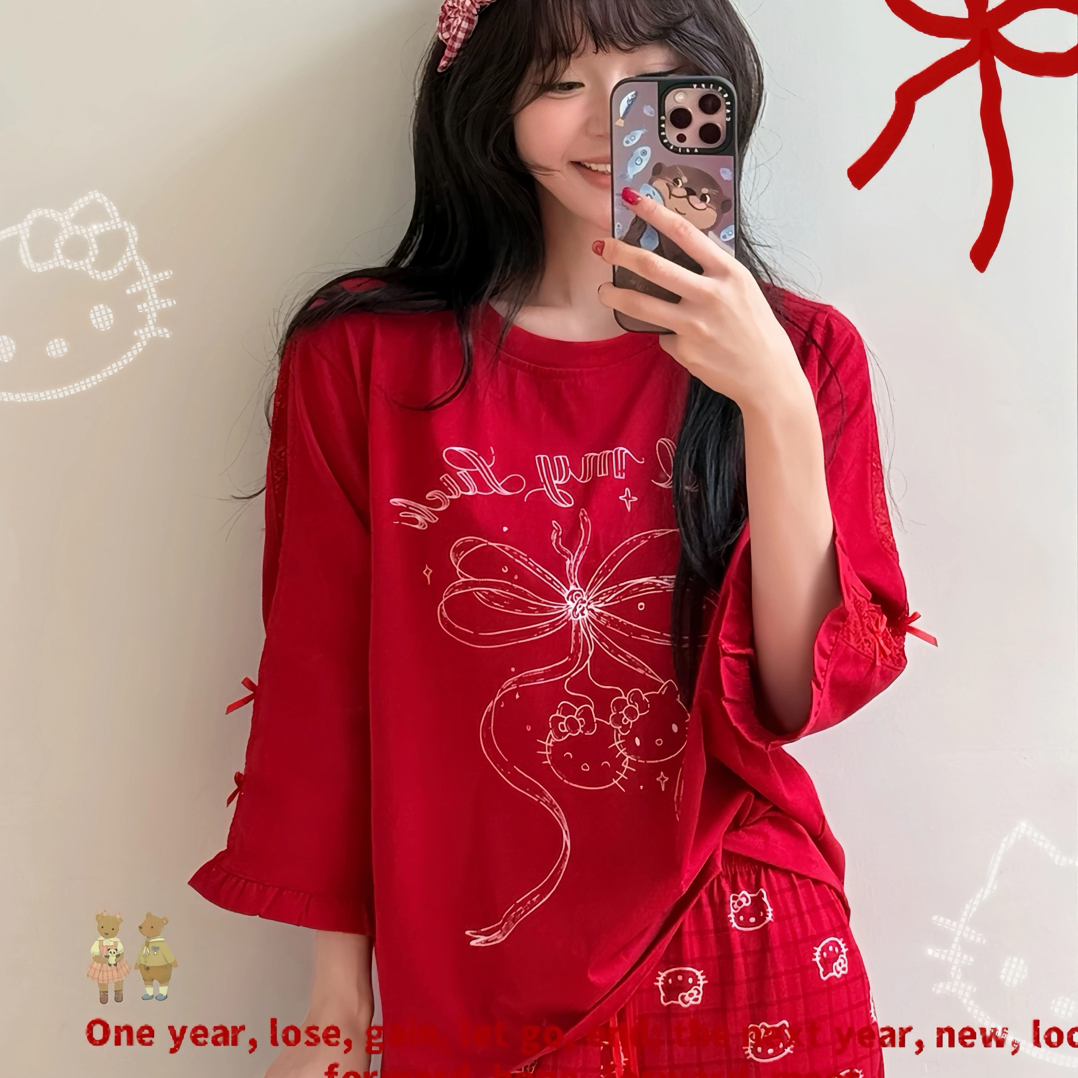 花边睡衣女春秋冬红色家居服套装