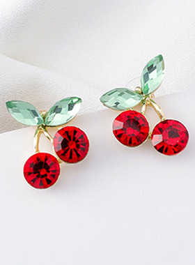 E556清新甜美红色樱桃S925银针耳钉女 樱桃叶子耳饰耳环潮流饰品