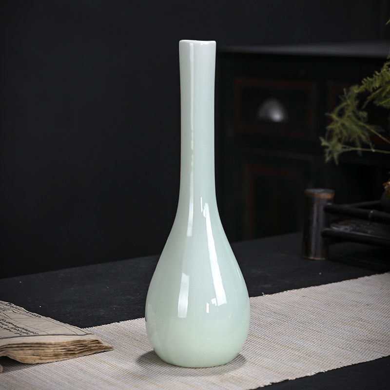 青瓷玉净瓶花插长颈瓶细口桌面供佛小花瓶观音瓶陶瓷摆件复古禅意