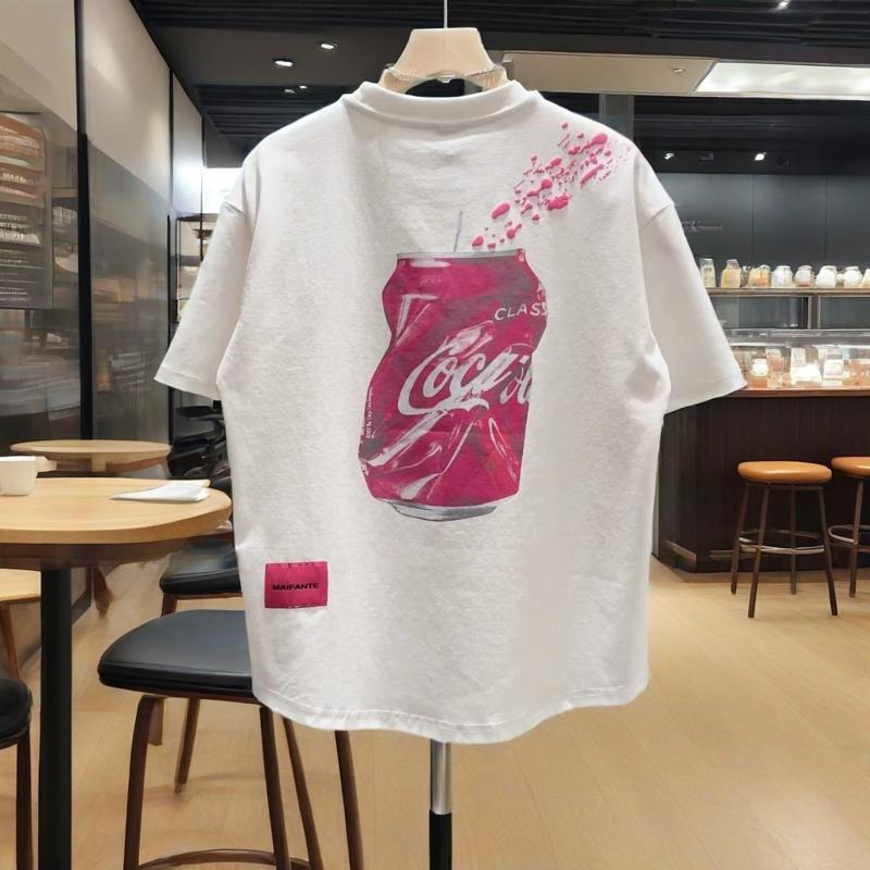 港风可乐瓶夏季男短袖t恤衫休闲百搭时尚印花刺绣彩绘半袖上衣男