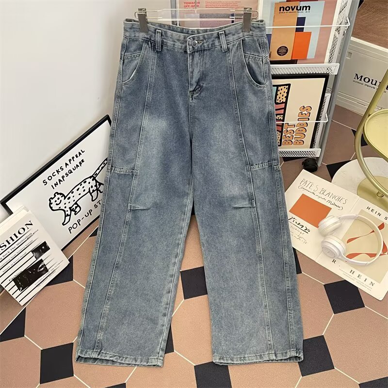 做旧水洗弯刀牛仔裤男士2025春秋新款美式渐变百搭微阔直筒长裤子