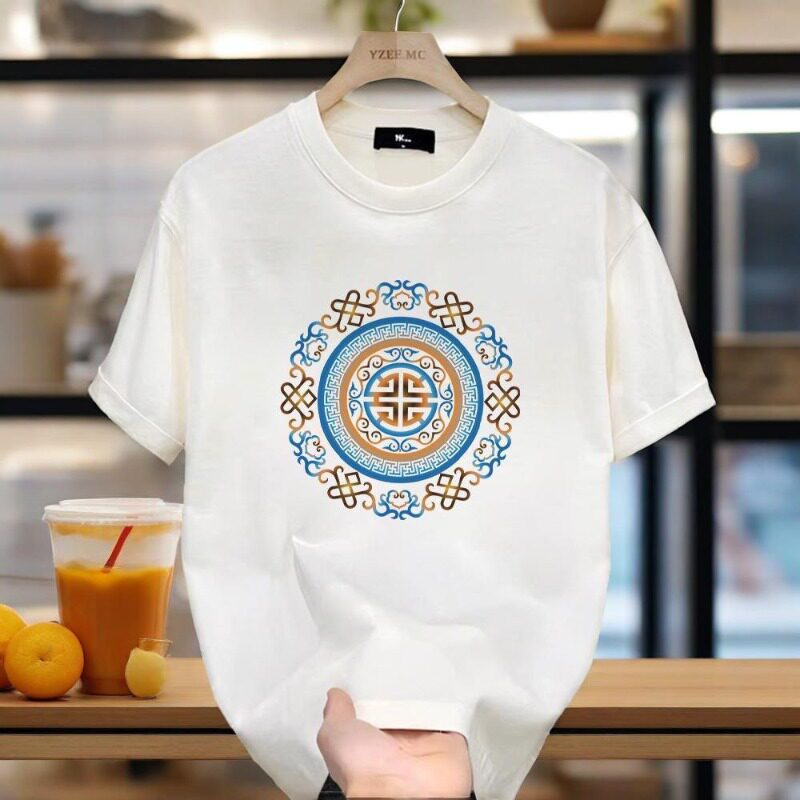 夏季新款国风图案半袖休闲上衣t男款中式民族印花圆领短袖T恤白色
