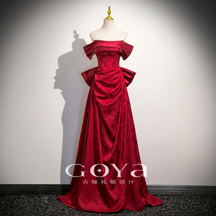 一字肩敬酒服新娘高级感2025新款结婚订婚回门酒红色礼服显瘦气质