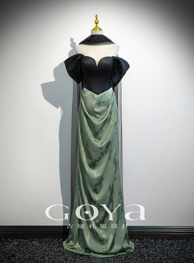 绿色一字肩晚礼服2026新款高级感主持人宴会礼服裙新娘结婚敬酒服