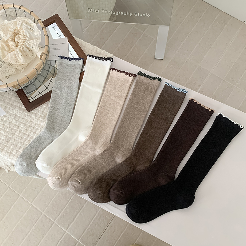 木耳边堆堆袜女秋冬季纯色细竖条纹显瘦小腿袜韩系简约百搭长筒袜