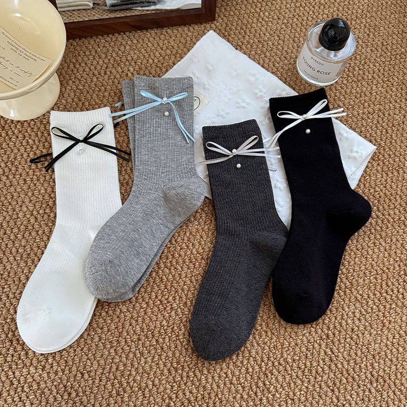 学院风钉珠袜子女春秋百搭甜美撞色蝴蝶结中筒袜配小皮鞋jk袜