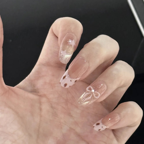 手工豹纹蝴蝶结穿戴甲中长款2025新款高级感美甲指甲贴片甲片