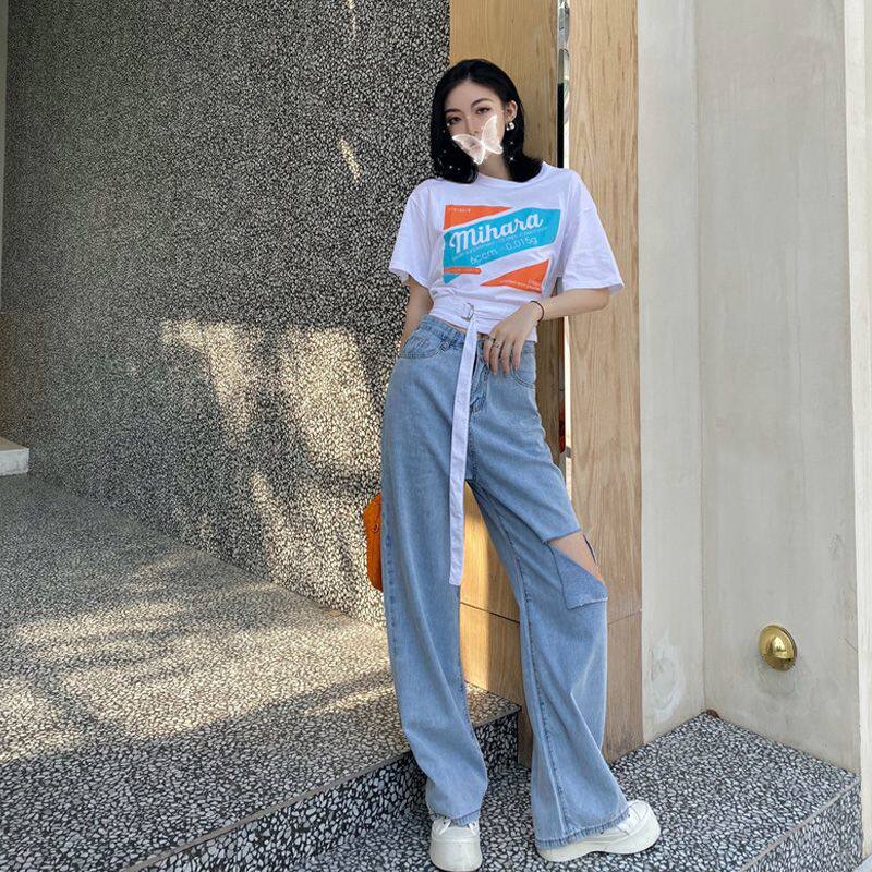 设计感破洞牛仔裤女2025新款夏高腰显瘦阔腿裤宽松垂感拖地裤女