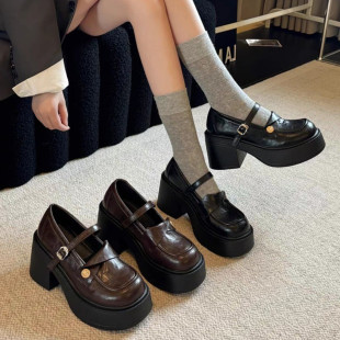 复古增高日系浅口单鞋 新款 女2026秋季 英伦风粗跟厚底玛丽珍小皮鞋