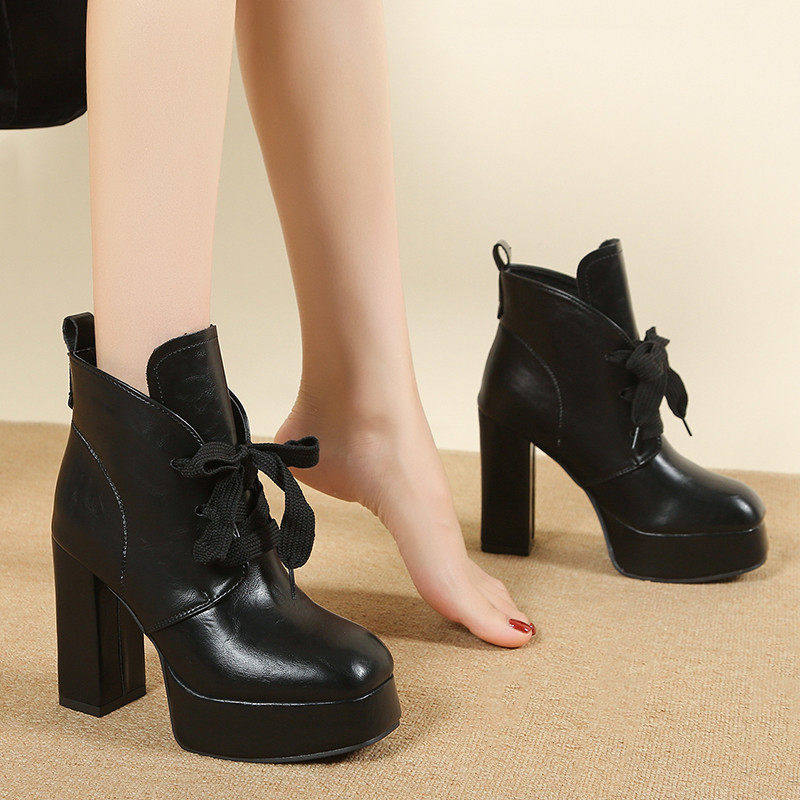 欧美风超高跟系带短筒靴女粗跟增高瘦瘦靴黑色时装靴洋气时尚皮鞋,女鞋,时装靴,淘宝优惠券,粉丝福利购,淘宝优惠卷