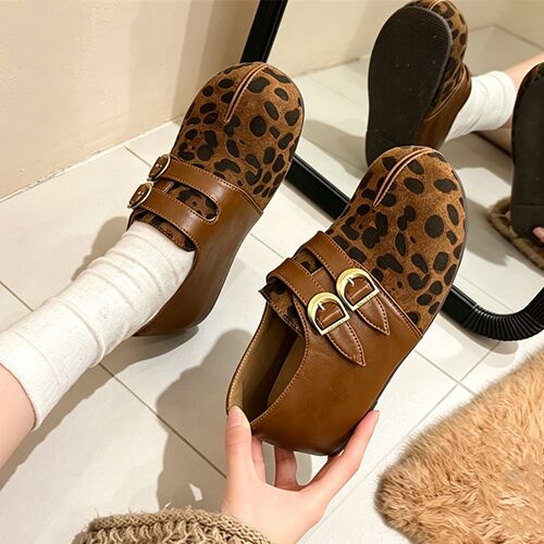 女款复古豹纹全包内增高勃肯鞋