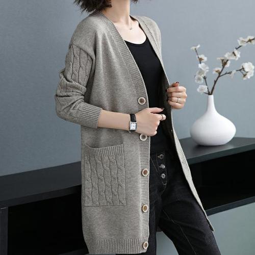 Cardigan sweater women's middle long loose Korean version 2020 new large size spring and autumn pocket wear knitted jacket