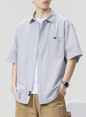 DL brand日系条纹短袖衬衫男士夏季薄款cityboy休闲百搭翻领衬衣