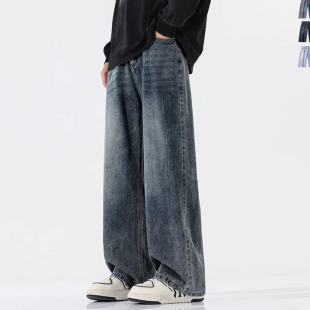 DL brand日系复古猫须直筒牛仔裤男青少年ins潮流百搭宽松长裤