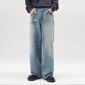 BRAND四季 百搭泼墨水洗牛仔裤 男女美式 高街潮牌做旧宽松直筒裤