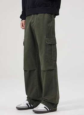 DL brnad美式复古水洗石磨纯棉休闲裤军绿色直筒宽松多口袋工装男