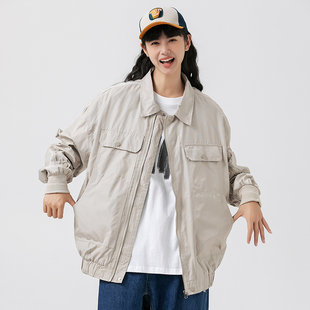 DL brand秋季日系情侣潮牌纯色翻领宽松休闲工装外套夹克男女