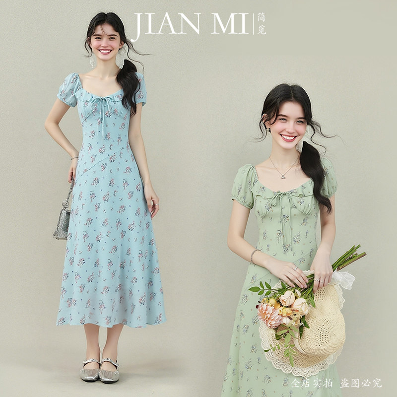 商场同款夏季薄款雪纺连衣裙温柔小碎花收腰印花中长裙法式初恋裙