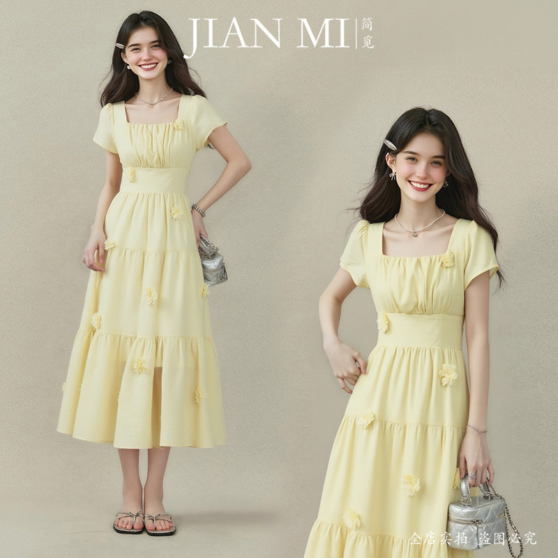 商场同款夏季薄款立体花朵雪纺连衣裙收腰绑带中长裙遮肚A字裙