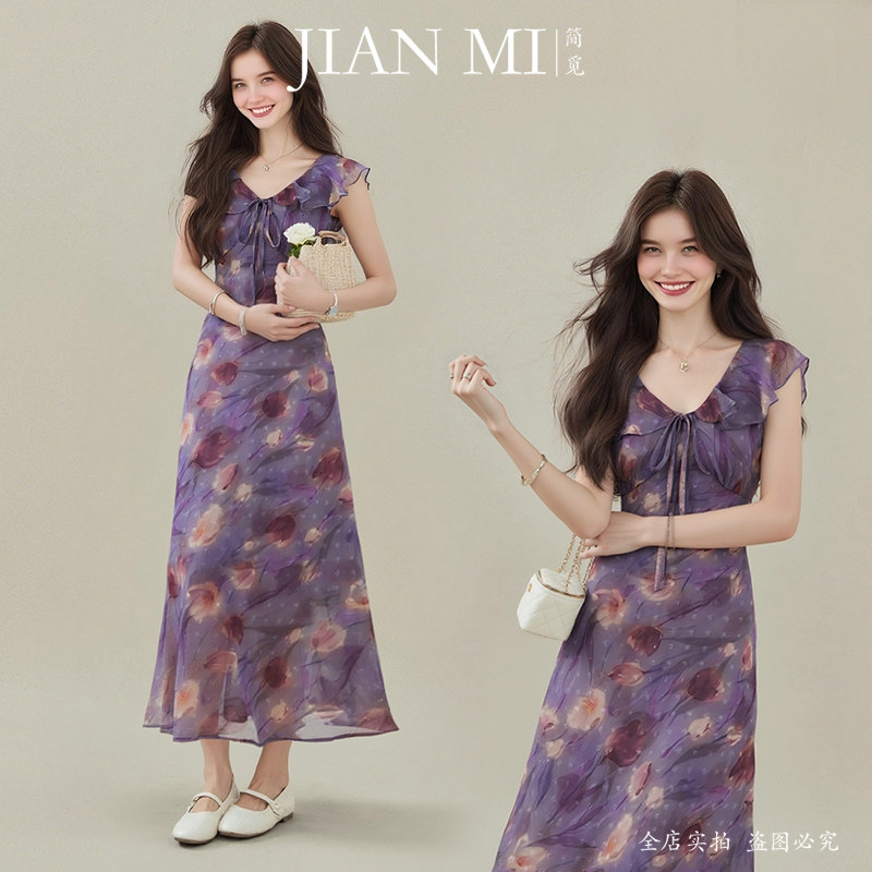 商场同款显瘦唯美复古印花雪纺连衣裙夏季薄款温柔中长裙舒适裙子