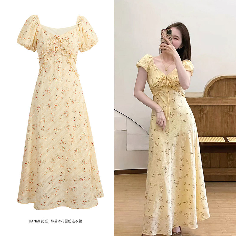 商场同款气质款泡泡短袖绑带印花连衣裙夏季薄款雪纺中长裙收腰
